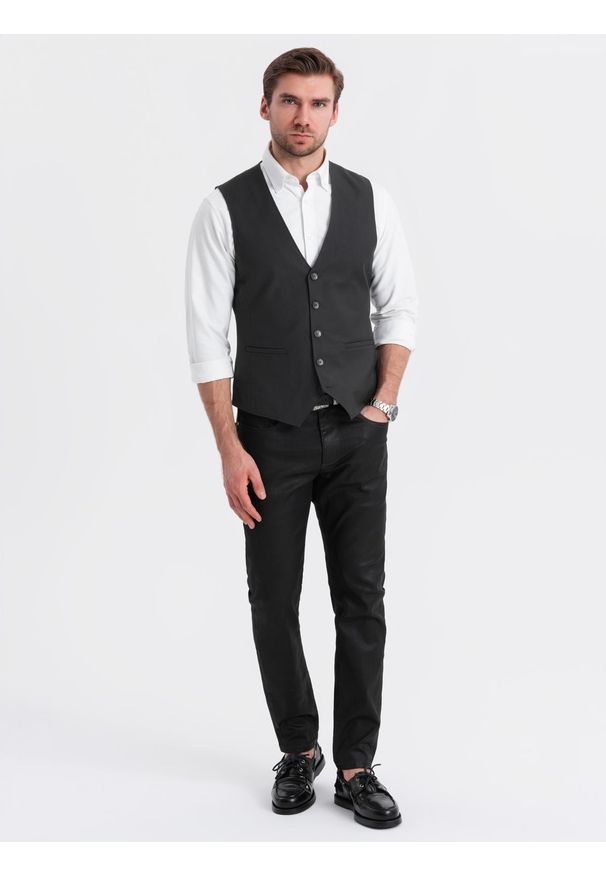 Ombre Clothing - Męska dopasowana kamizelka z rayonem i marmurkowymi guzikami – czarna V4 OM-BLZV-0112 - XXL. Kolor: czarny. Materiał: tkanina, poliester. Wzór: gładki, jednolity. Styl: elegancki