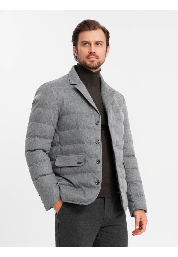 Ombre Clothing - Kurtka męska o kroju marynarki z podpinką – szara V1. Kolor: czarny. Materiał: syntetyk, materiał. Wzór: melanż. Styl: elegancki