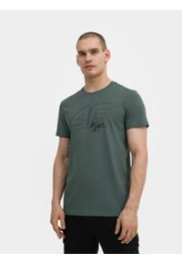 4f - T-shirt regular z bawełny organicznej męski. Kolor: zielony. Materiał: bawełna. Wzór: nadruk, haft