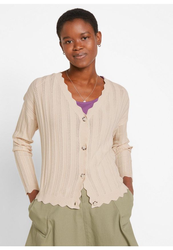 bonprix - Krótki kardigan ażurowy. Kolor: beżowy. Materiał: wiskoza. Długość: krótkie. Wzór: ażurowy