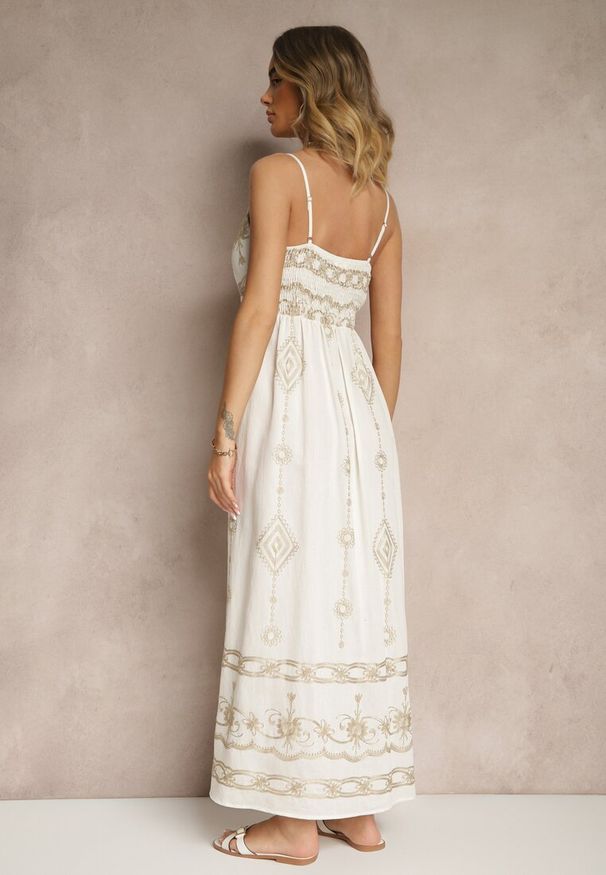 Renee - Biała Wiskozowa Sukienka o Rozkloszowanym Kroju na Ramiączkach z Haftem Uloranelia. Okazja: na co dzień. Typ kołnierza: dekolt w kształcie V. Kolor: biały. Materiał: wiskoza. Długość rękawa: na ramiączkach. Wzór: haft. Typ sukienki: rozkloszowane. Styl: casual