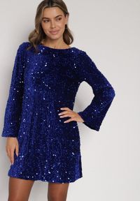 Born2be - Niebieska Cekinowa Sukienka z Odkrytymi Plecami i Wiązaniem Diadina. Kolor: niebieski. Materiał: wiskoza, elastan, futro. Wzór: aplikacja. Styl: wizytowy, elegancki #4