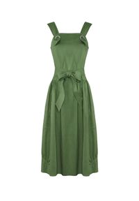 CATERINA - Lniana sukienka midi z kokardą. Typ kołnierza: kokarda. Kolor: zielony. Materiał: len. Sezon: lato. Typ sukienki: bombki. Styl: elegancki. Długość: midi #1