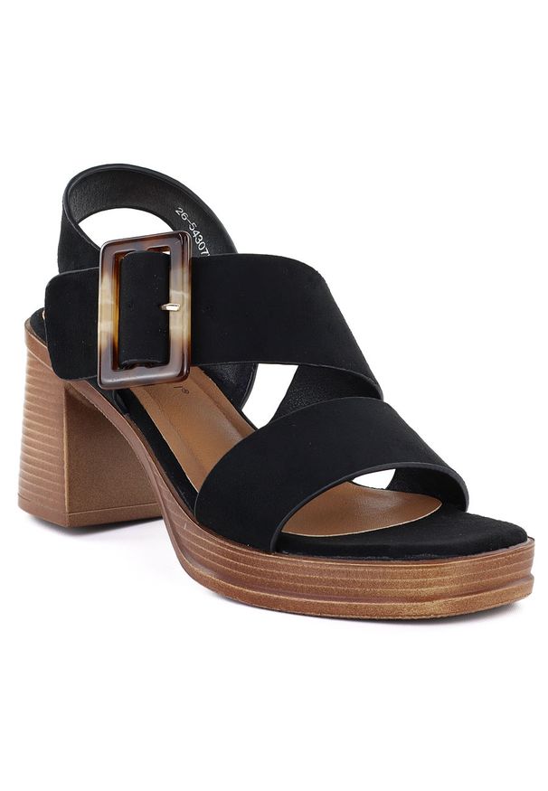 POTOCKI - Sandały damskie zamszowe na słupku czarne Potocki 54307. Kolor: czarny. Materiał: zamsz, nubuk. Sezon: lato. Obcas: na słupku