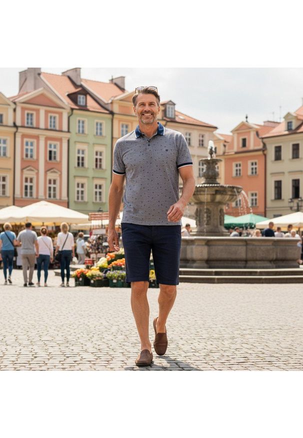 Bawełniana, Męska Koszulka Polo - Pako Jeans - Granatowy Melanż. Okazja: na co dzień. Typ kołnierza: polo. Kolor: niebieski. Materiał: bawełna. Wzór: melanż. Styl: casual