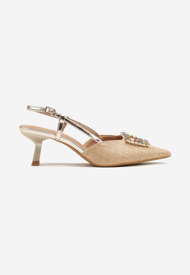 Renee - Złote Sandały Slingback na Kaczuszce z Tweedowymi Wstawkami i Cyrkoniami Nalivna. Okazja: na spotkanie biznesowe, na co dzień. Kolor: złoty. Obcas: na szpilce. Styl: biznesowy, elegancki, casual. Wysokość obcasa: niski