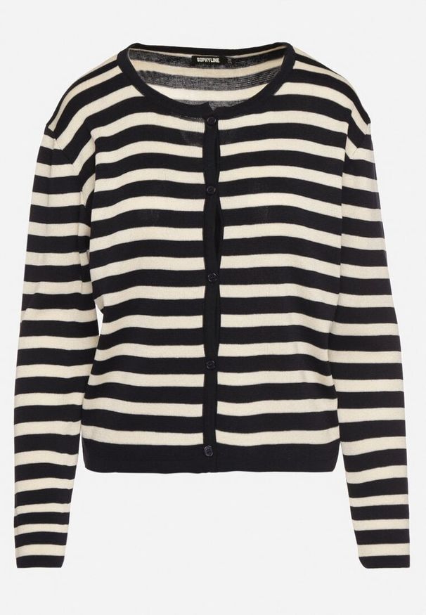 Born2be - Granatowy Klasyczny Kardigan z Wiskozą w Paski Ivelreia. Okazja: na co dzień. Kolor: niebieski. Materiał: wiskoza. Długość rękawa: długi rękaw. Długość: długie. Wzór: paski. Styl: klasyczny