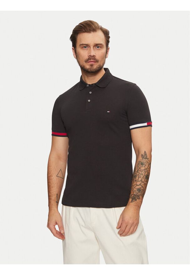 TOMMY HILFIGER - Tommy Hilfiger Polo Flag Cuff MW0MW37518 Czarny Slim Fit. Typ kołnierza: polo. Kolor: czarny. Materiał: bawełna