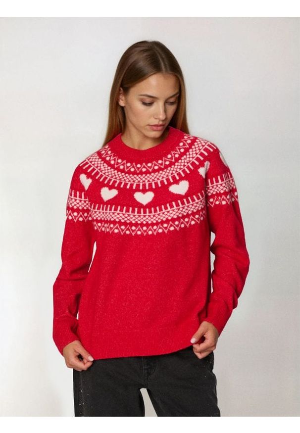 Sinsay - Sweter z motywem świątecznym z domieszką wełny - czerwony. Kolor: czerwony. Materiał: wełna. Styl: wizytowy