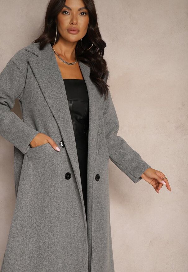 Renee - Szary Płaszcz Dwurzędowy Wiązany Meollie. Okazja: na co dzień. Kolor: szary. Materiał: poliester, koronka. Długość: długie. Sezon: wiosna, jesień. Styl: casual, elegancki