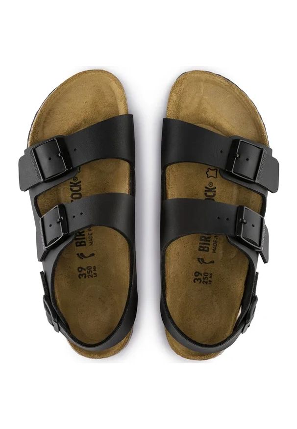 Birkenstock Milano BF Sandały Unisex. Okazja: na co dzień, na spacer. Zapięcie: pasek. Kolor: czarny. Materiał: skóra, materiał, syntetyk. Wzór: paski. Styl: casual, klasyczny, elegancki