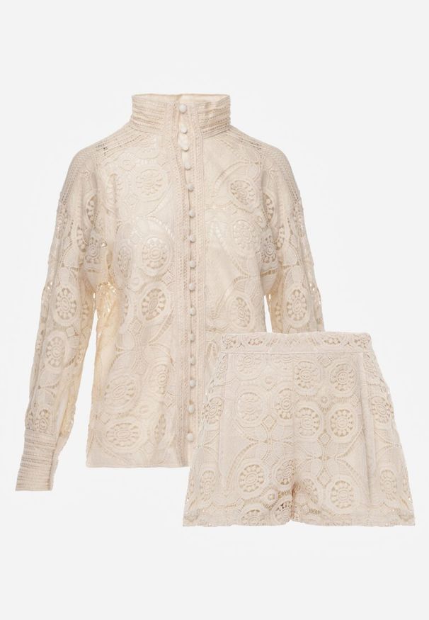 Renee - Jasnobeżowy 2-Częściowy Komplet Koronkowy Lolet. Kolor: beżowy. Materiał: koronka. Wzór: ażurowy, jednolity, aplikacja, koronka