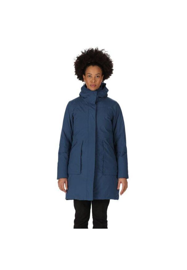 Kurtka uniwersalna damska Regatta Parka Yewbank Ll. Typ kołnierza: kaptur. Kolor: niebieski. Materiał: syntetyk. Długość: długie. Sport: turystyka piesza
