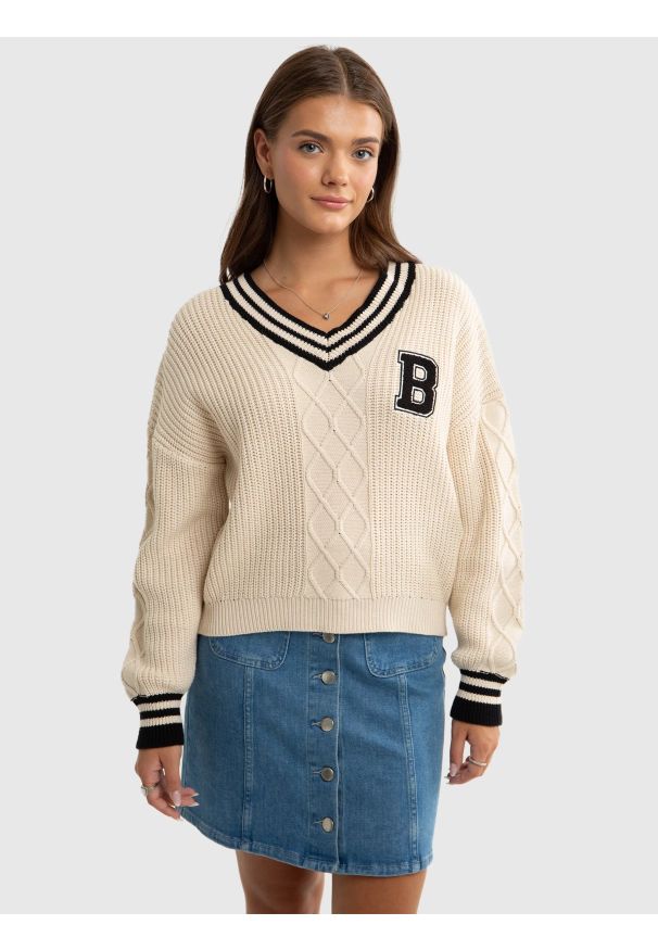 Big-Star - Sweter dziewczęcy w stylu college kremowy Collagia 103. Okazja: na uczelnię, na co dzień. Kolor: biały. Materiał: skóra, bawełna. Wzór: aplikacja. Styl: klasyczny, młodzieżowy, casual