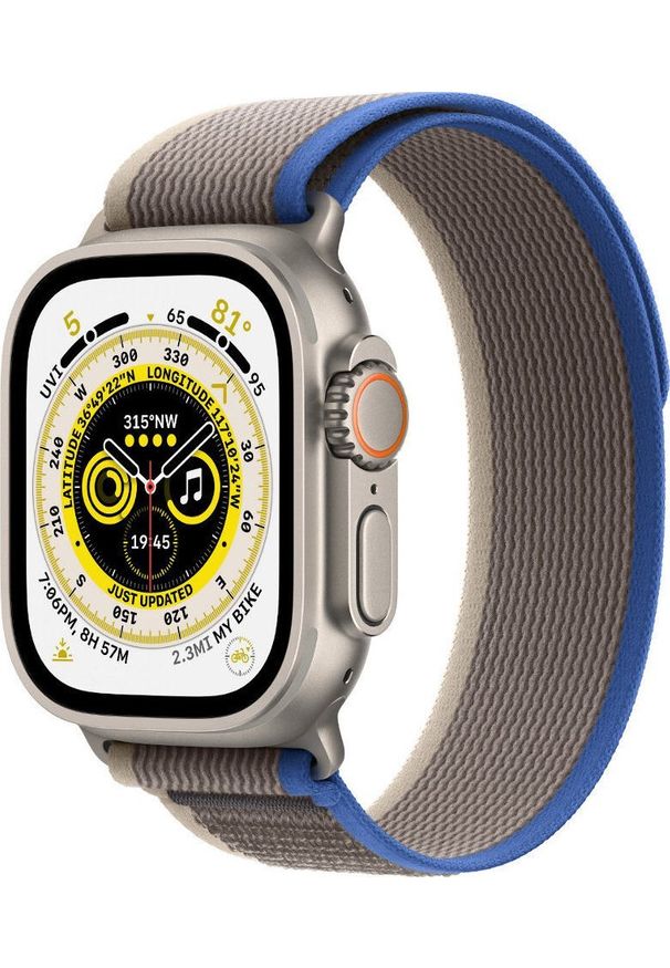 APPLE - Smartwatch Apple Watch Ultra GPS + Cellular 49mm Titanium Case Trail Loop Small/Medium Szaro-niebieski (MNHL3WB/A). Rodzaj zegarka: smartwatch. Kolor: niebieski, wielokolorowy, szary