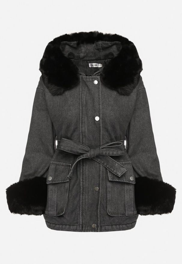 Born2be - Czarno-Szara Jeansowa Kurtka z Kapturem i Paskiem oraz Futerkiem na Napy Tarasima. Okazja: na co dzień. Typ kołnierza: kaptur. Kolor: czarny. Materiał: futro, jeans. Styl: casual