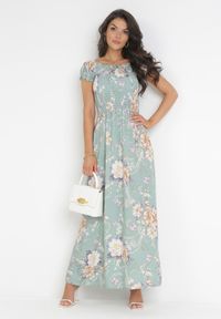 Born2be - Jasnozielona Sukienka Maxi w Kwiaty z Ozdobnym Wiązaniem przy Dekolcie i Krótkimi Rękawami Paninthe. Kolor: zielony. Materiał: tkanina. Długość rękawa: krótki rękaw. Wzór: kwiaty. Długość: maxi