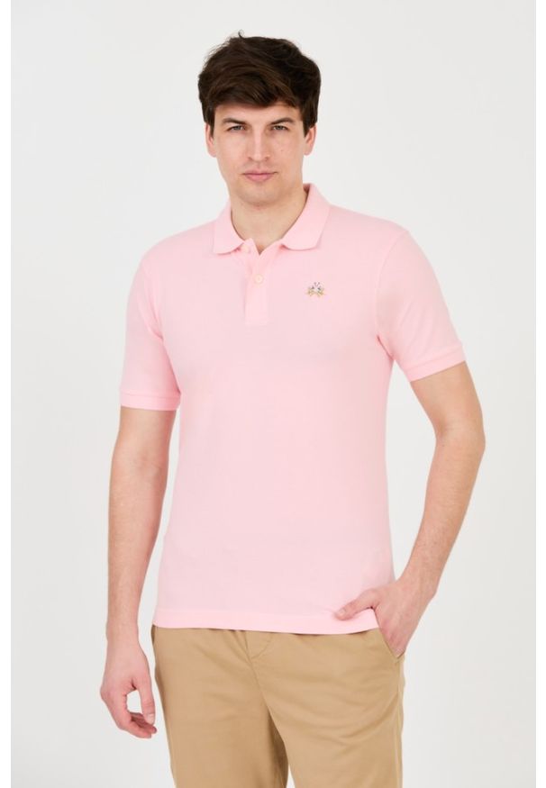 La Martina - LA MARTINA Różowy męski t-shirt z małym logo, Rozmiar XL. Typ kołnierza: polo. Kolor: różowy