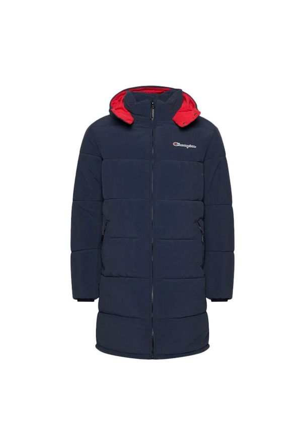 Kurtka uniwersalna męska Champion Script Logo Back Padded Hooded. Typ kołnierza: kaptur. Kolor: niebieski. Materiał: bawełna, syntetyk. Długość: długie