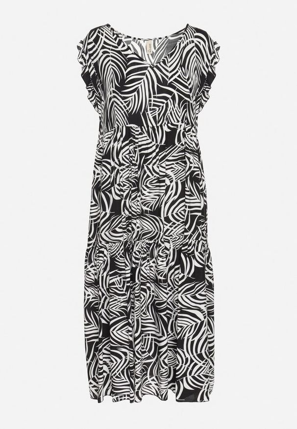 Born2be - Czarna Bawełniana Sukienka w Liście o Rozkloszowanym Kroju Divariel. Kolor: czarny. Materiał: bawełna. Długość rękawa: krótki rękaw. Typ sukienki: rozkloszowane