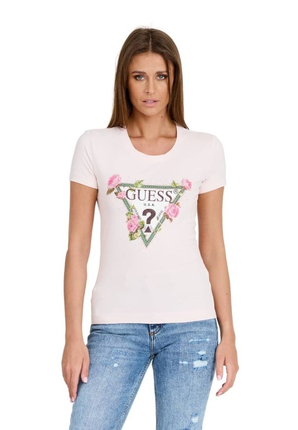 Guess - GUESS Różowy damski t-shirt Floral Triangle Tee, Rozmiar M. Kolor: różowy