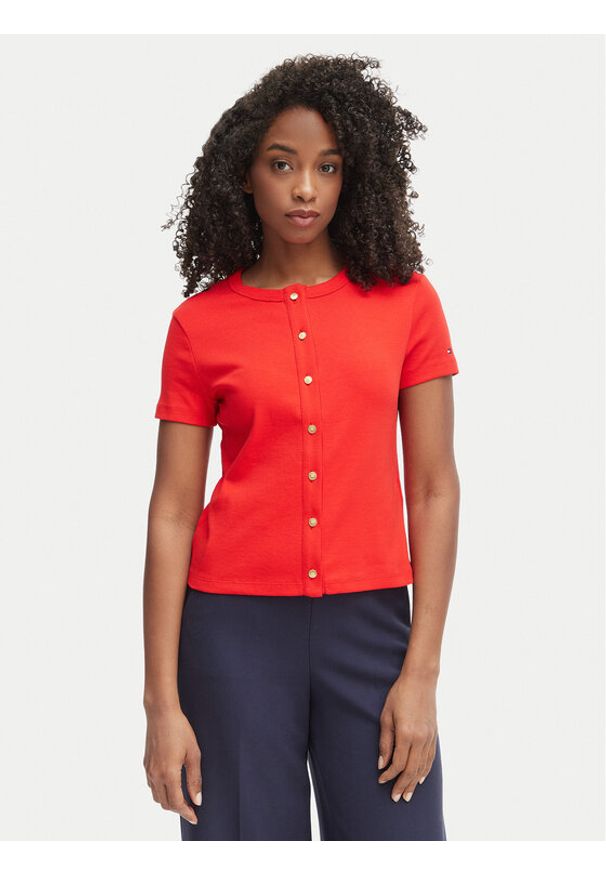 TOMMY HILFIGER - Tommy Hilfiger Bluzka WW0WW48709 Czerwony Slim Fit. Kolor: czerwony. Materiał: bawełna