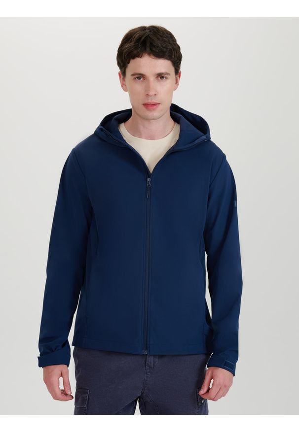 4f - 4F Kurtka softshell wiatroodporna membrana 5000 męska - granatowa 3XL. Typ kołnierza: kaptur. Kolor: niebieski. Materiał: softshell. Technologia: Windstopper
