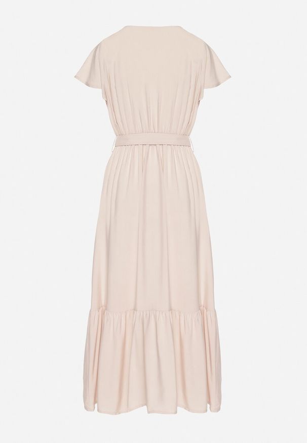 Born2be - Beżowa Wiskozowa Sukienka z Kopertowym Dekoltem z Paskiem Savorlisse. Okazja: na co dzień. Kolor: beżowy. Materiał: wiskoza. Wzór: aplikacja. Typ sukienki: kopertowe. Styl: casual, klasyczny