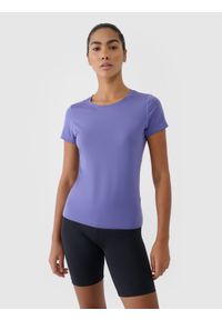 4f - 4F Koszulka treningowa regular szybkoschnąca damska - granatowa XL. Kolor: niebieski. Materiał: materiał, dzianina, włókno, elastan, poliester. Długość rękawa: krótki rękaw. Długość: krótkie. Wzór: ze splotem, jednolity, gładki. Sport: fitness #1