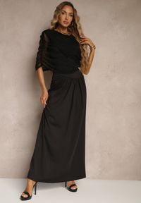 Renee - Czarna Marszczona Sukienka o Taliowanym Kroju z Dodatkową Narzutką z Siateczki Milarielis. Okazja: na co dzień. Kolor: czarny. Styl: klasyczny, elegancki, casual #5