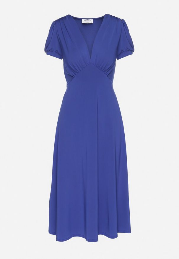 Born2be - Niebieska Sukienka Rozkloszowana z Wiskozą z Poduszkami w Ramionach Awerla. Okazja: na co dzień. Typ kołnierza: dekolt w kształcie V. Kolor: niebieski. Materiał: wiskoza. Długość rękawa: krótki rękaw. Styl: casual, elegancki, klasyczny