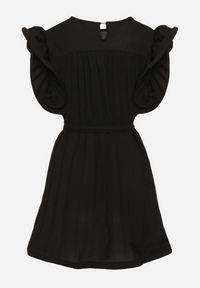 Born2be - Czarna Plisowana Sukienka z Materiałowym Paskiem w Talii i Ozdobnymi Falbankami Christi. Typ kołnierza: kołnierz z falbankami. Kolor: czarny. Materiał: materiał. Typ sukienki: rozkloszowane #6