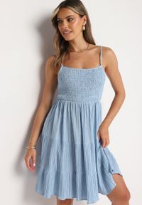 Born2be - Niebieska Rozkloszowana Sukienka na Ramiączkach z Gumkami w Talii Ageridia. Kolor: niebieski. Długość rękawa: na ramiączkach. Styl: elegancki