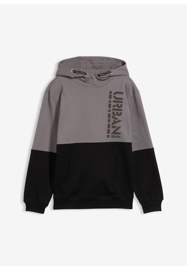 bonprix - Bluza z kapturem z czystej bawełny organicznej. Typ kołnierza: kaptur. Kolor: szary. Materiał: bawełna. Wzór: nadruk, napisy