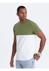 Ombre Clothing - T-shirt męski bawełniany dwukolorowy - oliwkowo-biały V5 S1619 - XXL. Kolor: biały. Materiał: bawełna. Wzór: nadruk