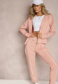 Renee - Różowy Komplet Dresowy Bluza z Kapturem i Joggery z Cienkimi Lamówkami Zivatia. Kolor: różowy. Materiał: dresówka. Wzór: aplikacja
