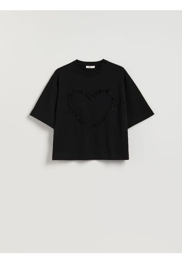 Reserved - T-shirt z aplikacją serce - czarny. Kolor: czarny. Materiał: bawełna. Wzór: aplikacja