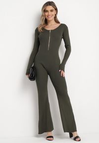 Born2be - Ciemnozielony Wiskozowy Kombinezon Bodycon z Prążkowaniem i Suwakiem Alnorema. Kolor: zielony. Materiał: wiskoza, prążkowany. Styl: elegancki #6