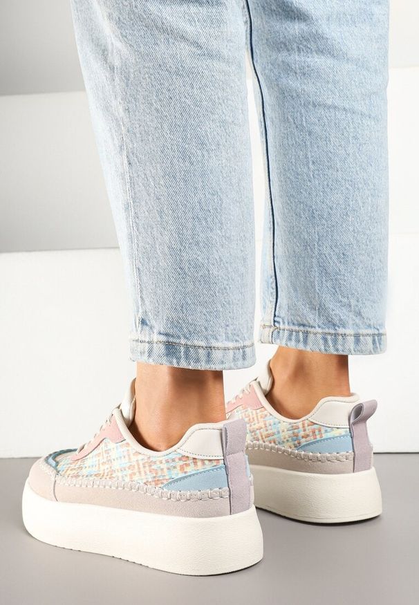 Born2be - Beżowo-Różowe Sneakersy na Grubej Podeszwie z Plecioną Cholewką Nilavanea. Okazja: na co dzień. Kolor: beżowy. Materiał: jeans. Szerokość cholewki: normalna