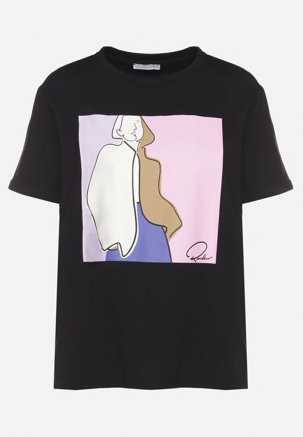 Born2be - Czarny T-shirt z Bawełny Zdobiony Geometrycznym Nadrukiem Meppora. Okazja: na co dzień. Kolor: czarny. Materiał: bawełna. Długość rękawa: krótki rękaw. Długość: krótkie. Wzór: nadruk, aplikacja, geometria. Styl: klasyczny, casual