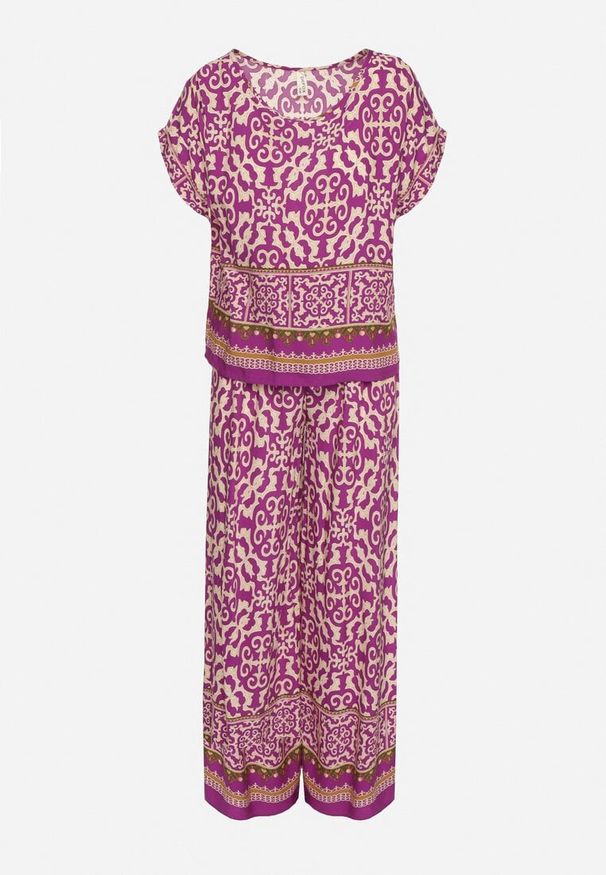 Born2be - Fioletowy Komplet Bawełniany w Ornamentalny Wzór Spodnie i Bluzka Nanirienna. Kolor: fioletowy. Materiał: bawełna
