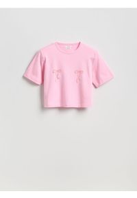 Reserved - T-shirt z poduszkami na ramionach - różowy. Kolor: różowy. Materiał: bawełna. Długość: krótkie