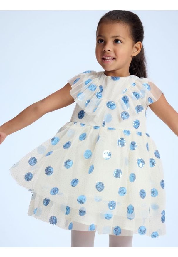 Reserved - Tiulowa sukienka z cekinami - kremowy. Kolor: kremowy. Materiał: tiul