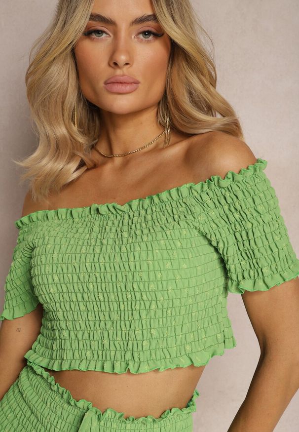 Renee - Zielony Komplet Top Hiszpanka i Spódnico-Spodenki z Falbanami oraz Gumką Rinaria. Kolor: zielony. Materiał: jeans