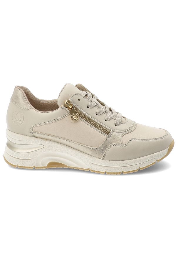Beżowe Sneakersy Rieker Modne Obuwie Damskie Na Koturnie. Okazja: na co dzień. Zapięcie: sznurówki. Kolor: beżowy. Materiał: materiał. Obcas: na koturnie. Styl: elegancki, casual