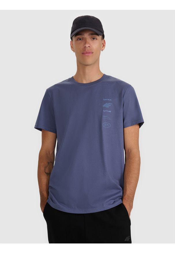 4f - 4F T-shirt regular z nadrukiem męski - granatowy S. Okazja: na co dzień. Kolor: niebieski. Materiał: bawełna. Długość: długie. Wzór: nadruk. Styl: casual