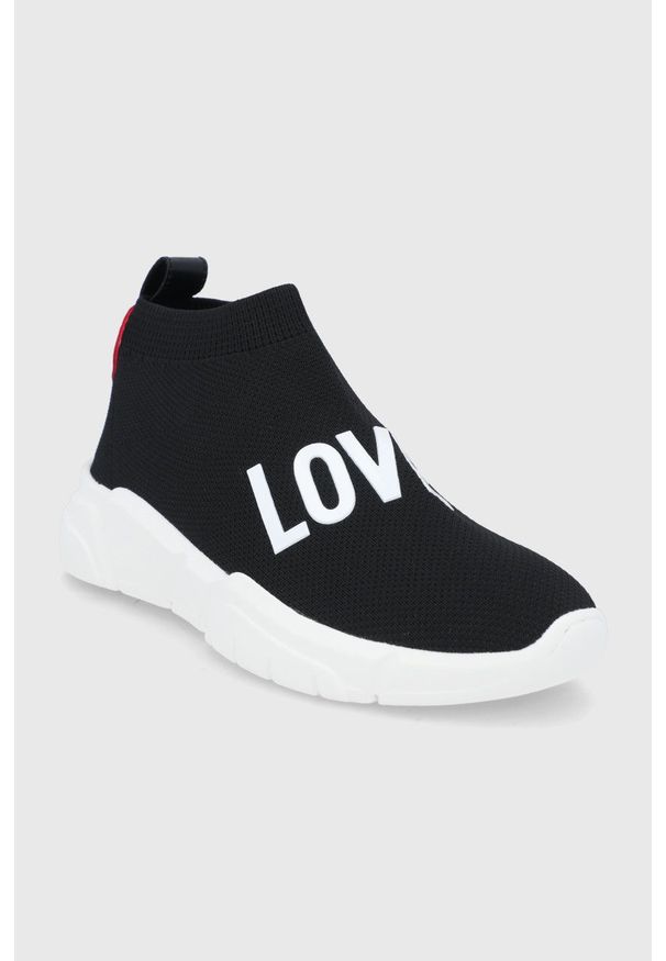 Love Moschino buty kolor czarny na płaskim obcasie. Nosek buta: okrągły. Kolor: czarny. Materiał: guma. Obcas: na obcasie. Wysokość obcasa: niski