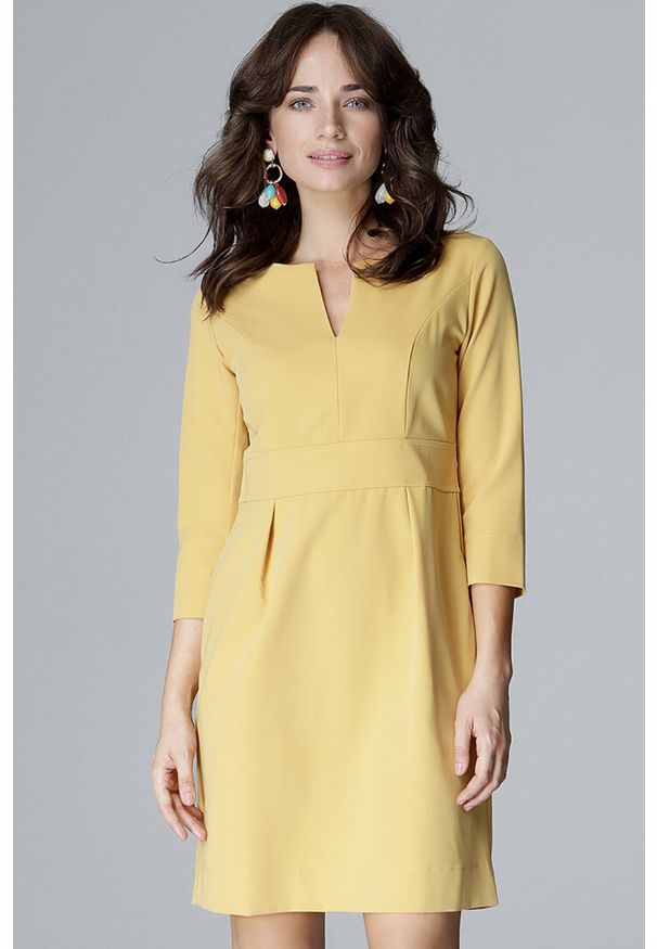 Lenitif - Elegancka sukienka z podwyższoną talią dekolt V żółta. Okazja: do pracy. Kolor: żółty. Styl: elegancki