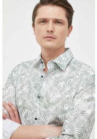 BOSS koszula męska kolor turkusowy slim z kołnierzykiem włoskim. Typ kołnierza: kołnierzyk włoski. Kolor: turkusowy. Materiał: tkanina #1