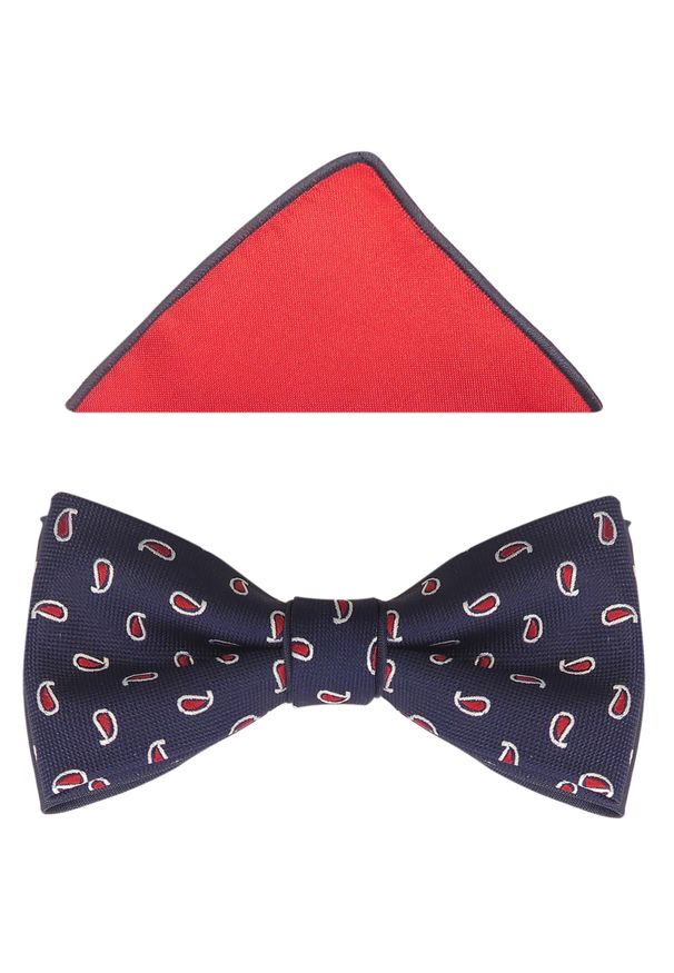 Modini - Granatowa mucha w czerwony wzór paisley A143. Kolor: wielokolorowy, czerwony, niebieski. Materiał: poliester, tkanina. Wzór: paisley. Styl: elegancki